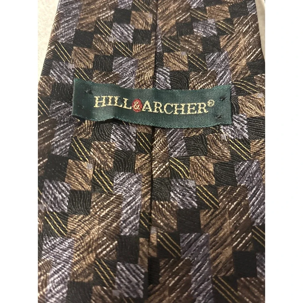 Hill & Archer Silk‎ Necktie Mens OS Brown Blue Geometric Block Pattern USA Made